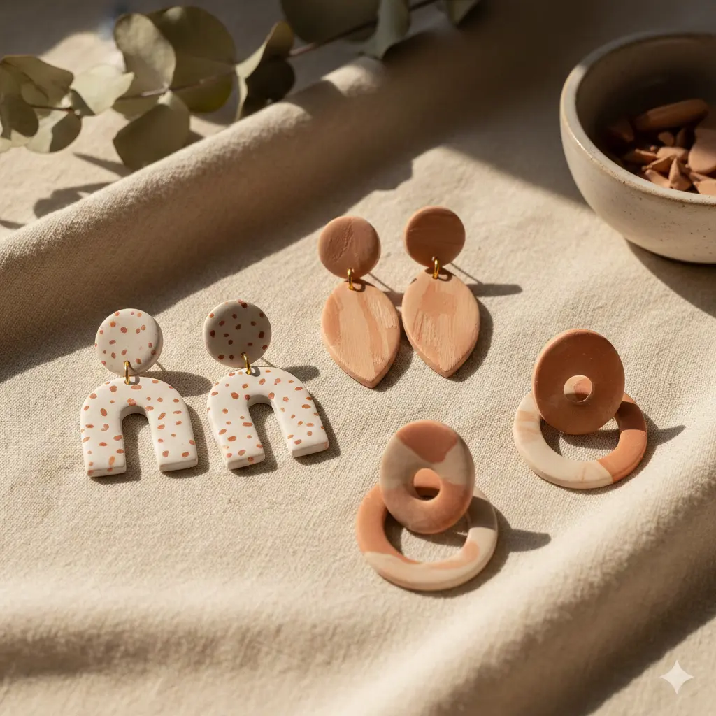 Handmade clay earrings in warm sunlight